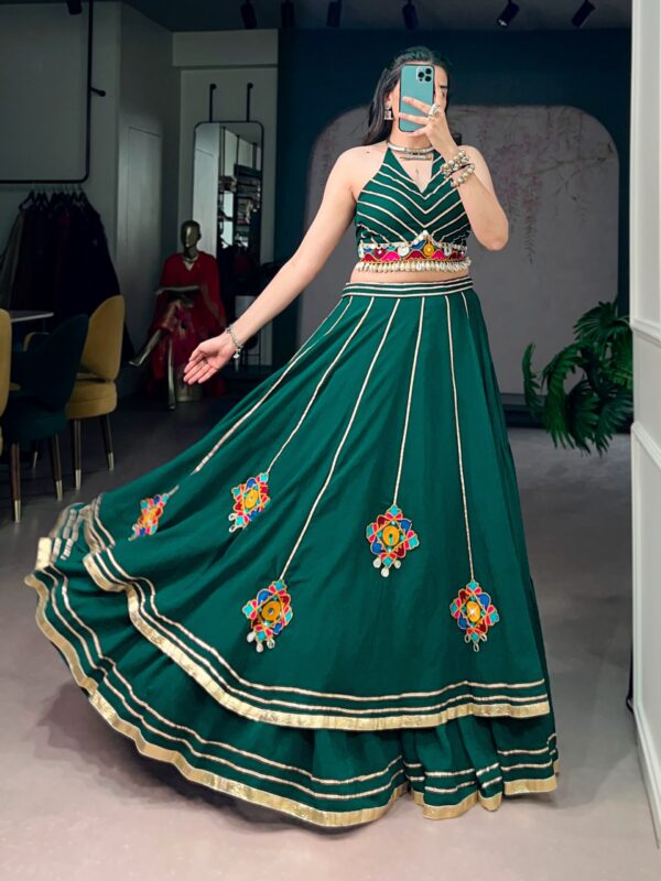 Lightweight fabric with vibrant Gamthi work, mirror detailing, Gotta Patti lace, and shell embellishments  (067)