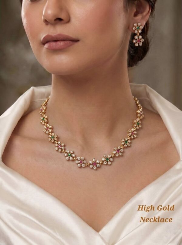 Traditional High Gold Floral CZ Choker Necklace with Matching Earrings (115)