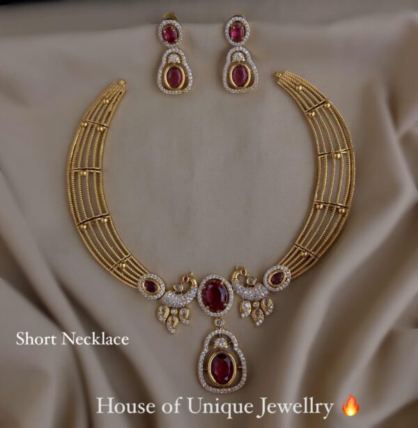 ​Primary: Royal Peacock Temple Short Necklace Set with CZ & Faux Gemstones (116)